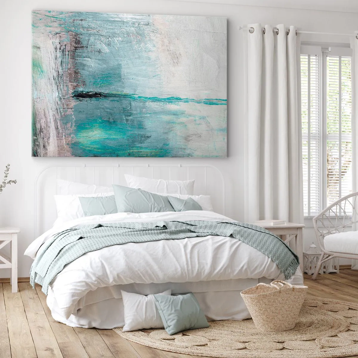 Obraz na plátně - Abstrakce v odstínech tyrkysové a šedé - 70x50cm - Horizontálně v modři - Moderní nástěnná dekorace do obývacího pokoje a ložnice ARTTOR