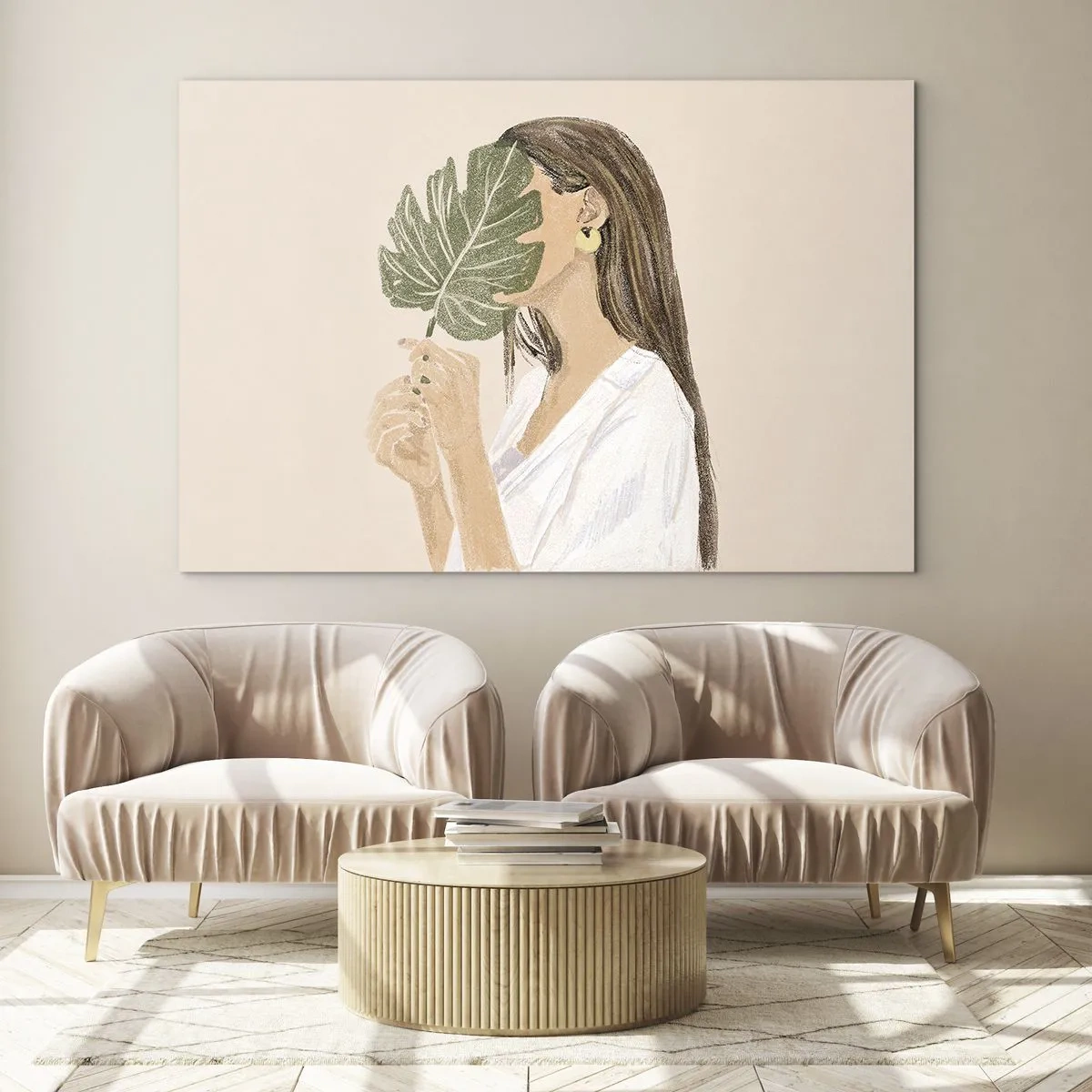 Obraz na skle - Žena s dlouhými vlasy držící list před obličejem. - 70x50cm - Tajemný portrét s vějířem - Moderní nástěnná dekorace do obývacího pokoje a ložnice ARTTOR