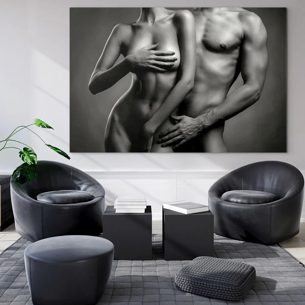 Obraz na skle - Černobílá kompozice s nahými siluetami páru - 70x50cm - Adam a Eva - Moderní nástěnná dekorace do obývacího pokoje a ložnice ARTTOR