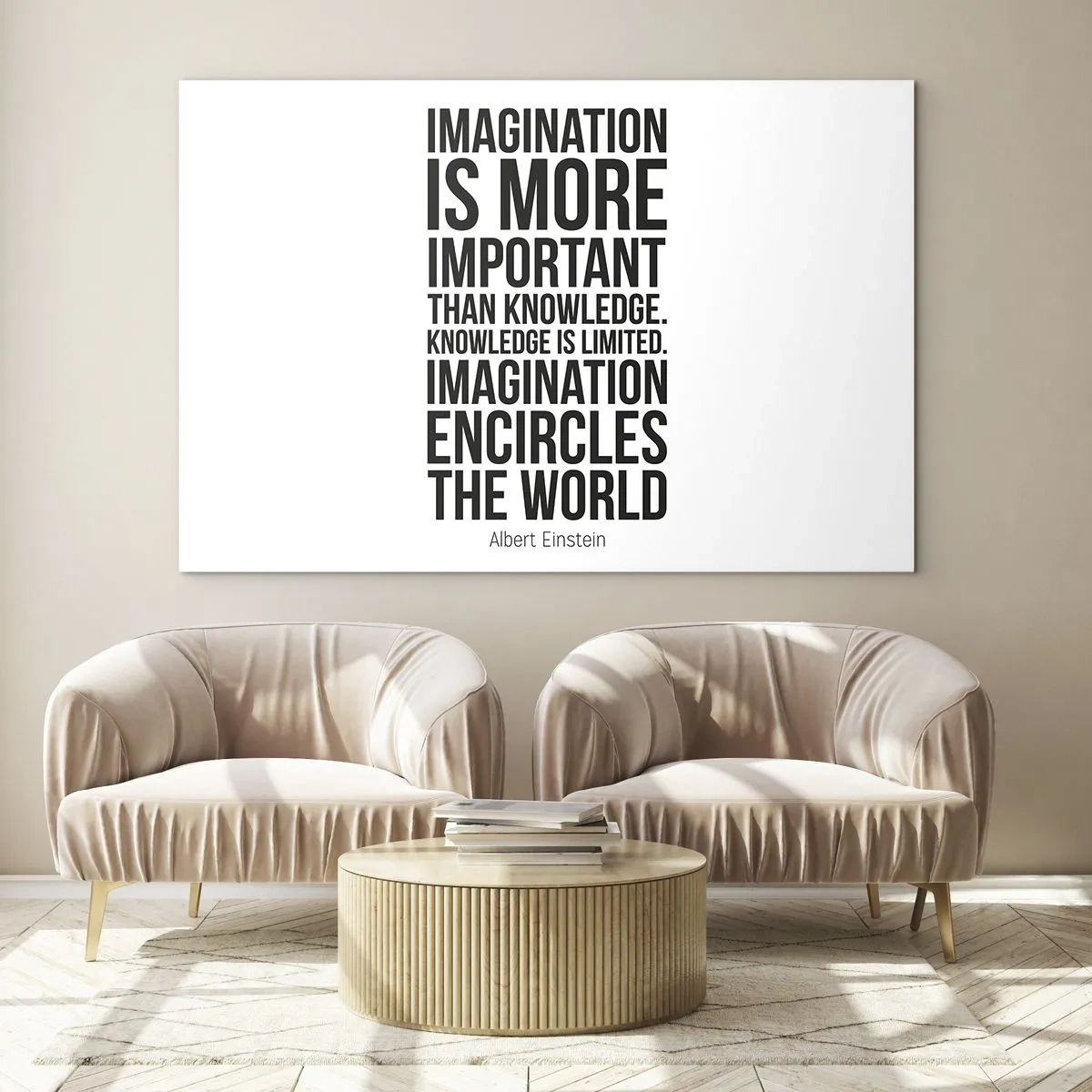 Obraz na skle - Citát o představivosti v minimalistické typografii - 70x50cm - Einstein o síle představivosti - Moderní nástěnná dekorace do obývacího pokoje a ložnice ARTTOR