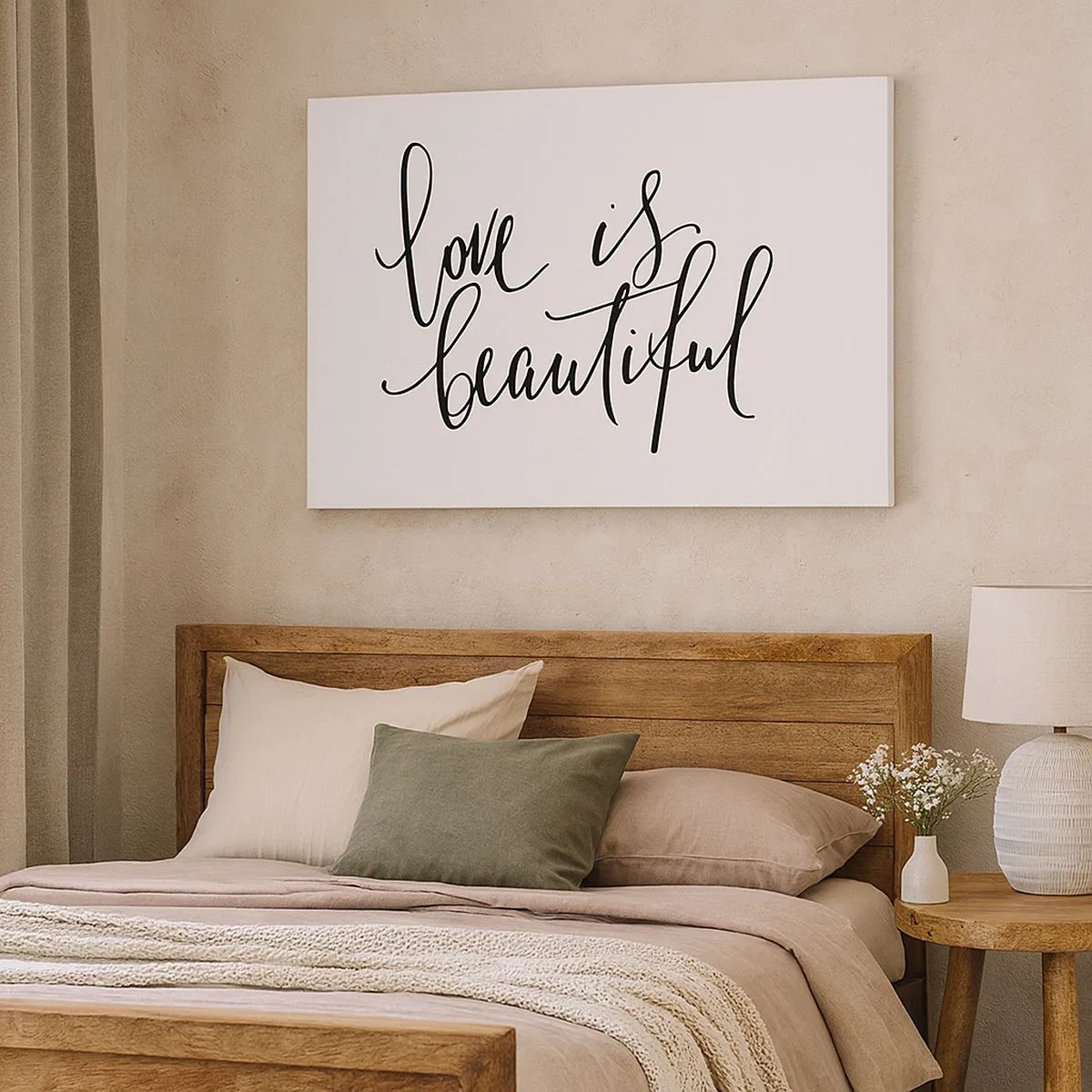 Obraz na plátně - Černý nápis "láska je krásná" na bílém pozadí - 70x50cm - Přečti a zopakuj - Moderní nástěnná dekorace do obývacího pokoje a ložnice ARTTOR