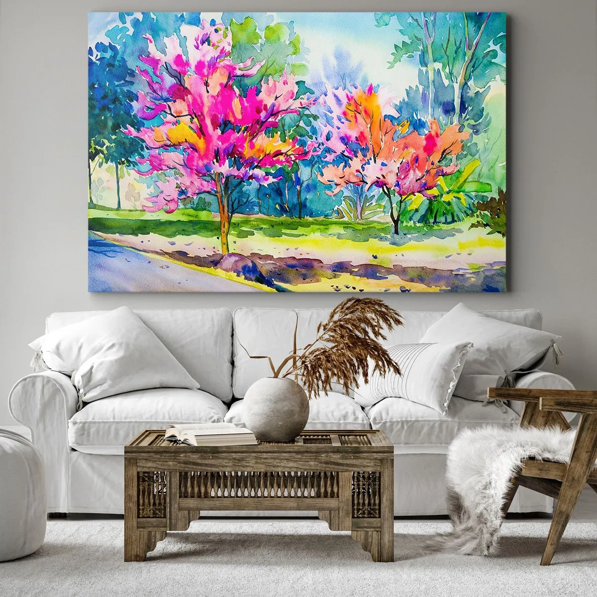 Obraz na plátně - Barevné stromy v parku ve stylu akvarelu - 70x50cm - Duhová zahrada v jarním lesku - Moderní nástěnná dekorace do obývacího pokoje a ložnice ARTTOR