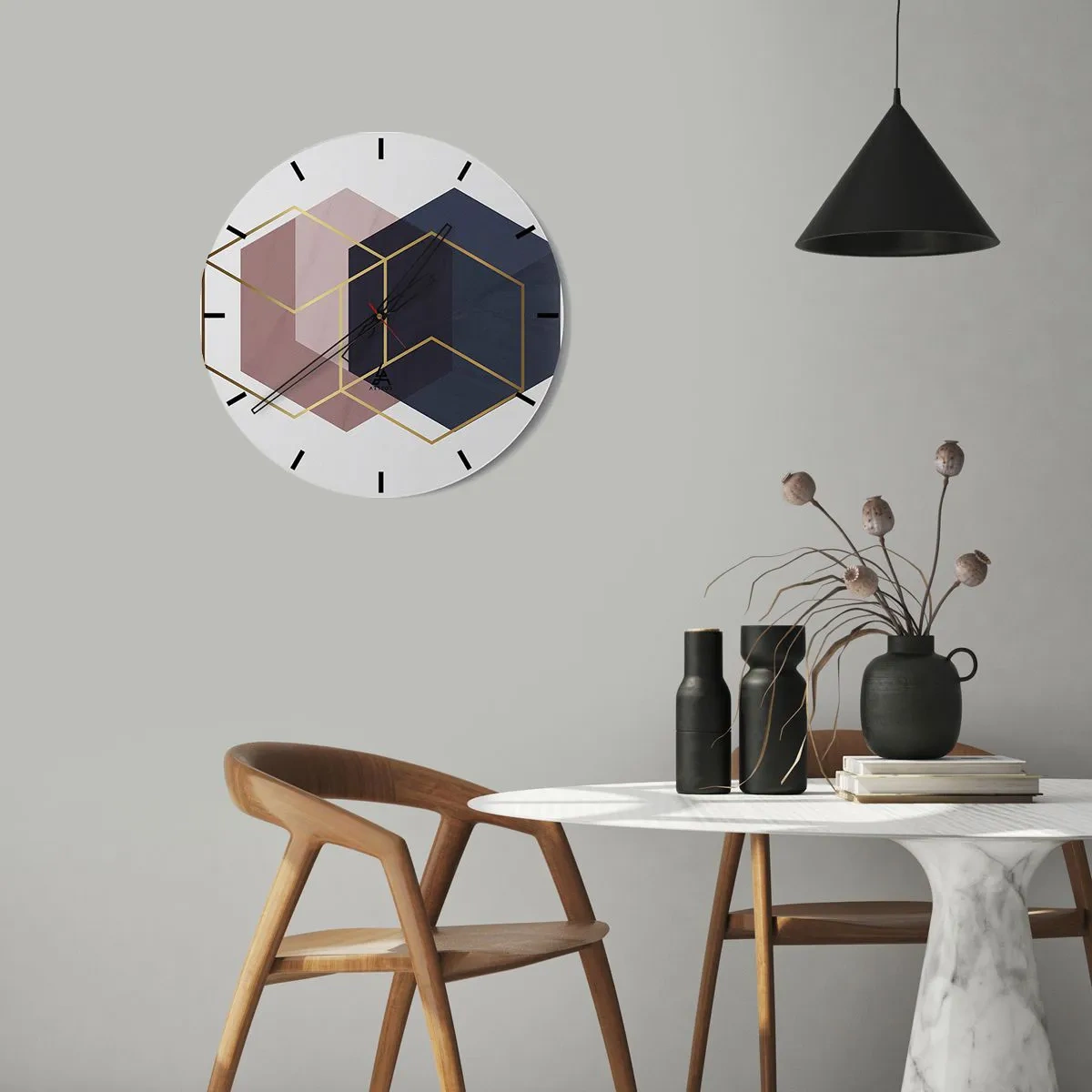 Nástěnné hodiny - Trojrozměrné kostky v odstínech tmavě modré a růžové se zlatou - 30x30cm - Síla jednoduchosti - Moderní nástěnná dekorace do obývacího pokoje, kuchyně a ložnice ARTTOR