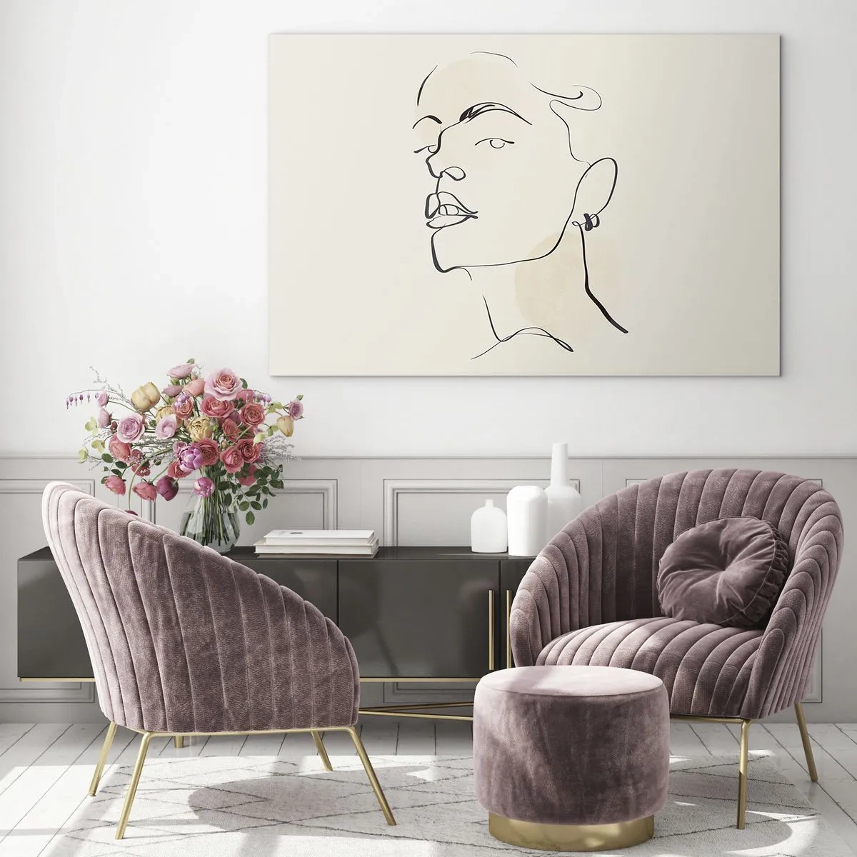 Obraz na skle - Portrét ženy v minimalistických liniích na světlém pozadí - 70x50cm - Hrdý pohled - Moderní nástěnná dekorace do obývacího pokoje a ložnice ARTTOR