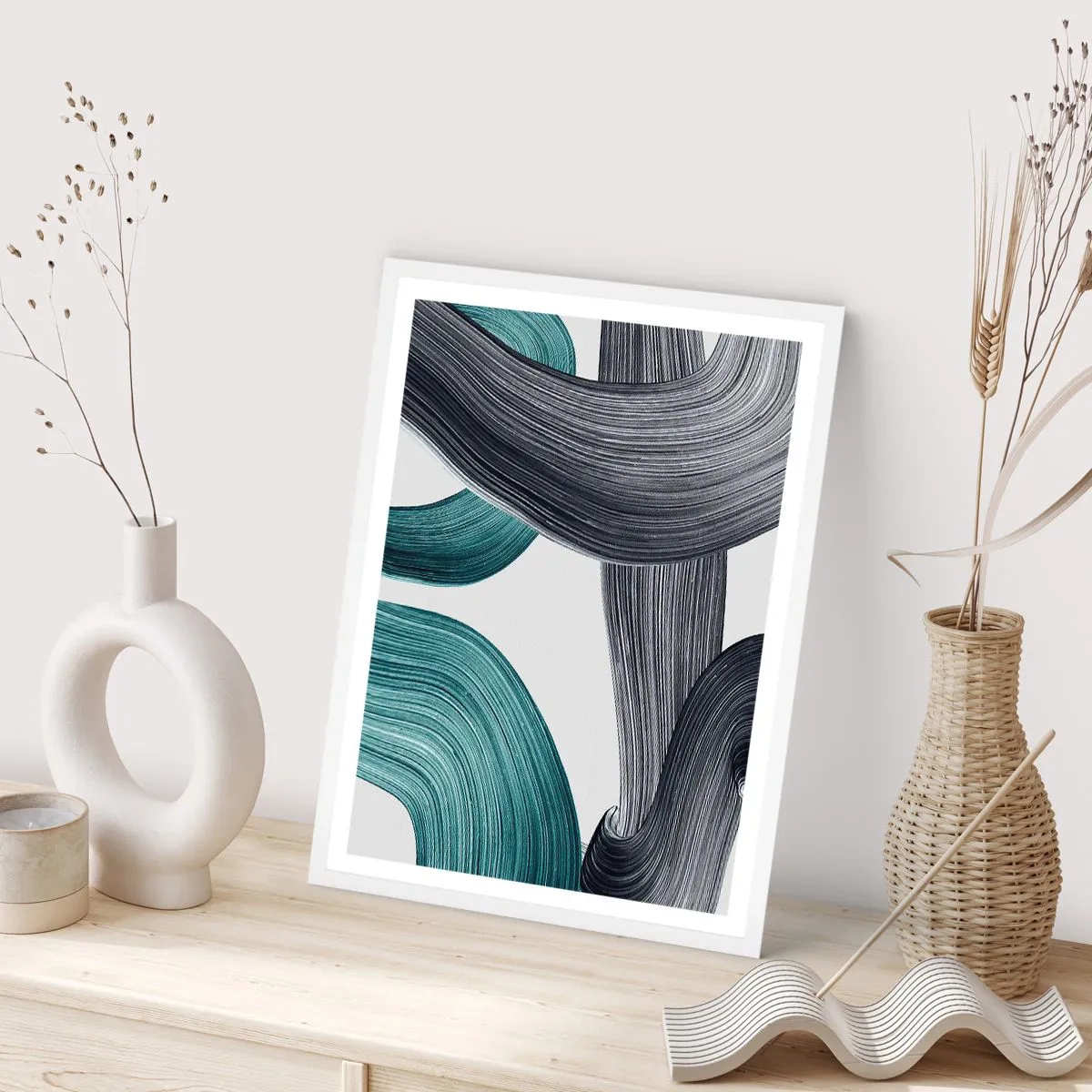 Plakát v bílém rámu - Smaragdové a černé vlny - 50x70 cm