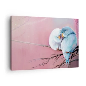 Obraz na plátně - Dva zamilovaní ptáci na větvi na růžovém pozadí - 70x50cm - Co k tomu dodat?… - Moderní nástěnná dekorace do obývacího pokoje a ložnice ARTTOR