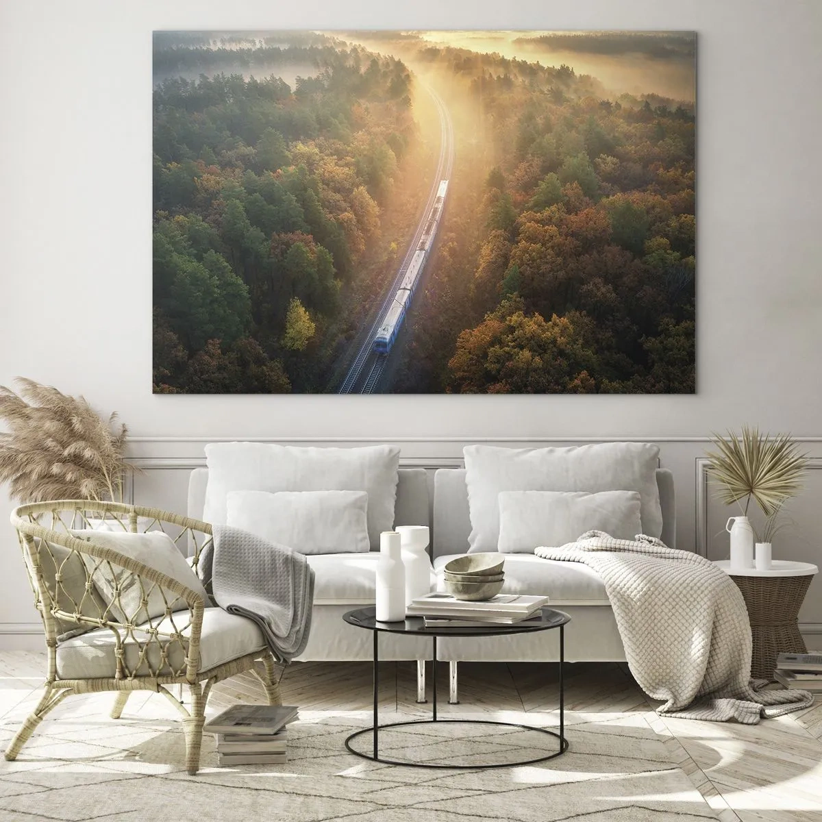 Obraz na skle - Vlak v malebné podzimní krajině, plný tepla a nostalgie - 70x50cm - Podzimní cesta - Moderní nástěnná dekorace do obývacího pokoje a ložnice ARTTOR