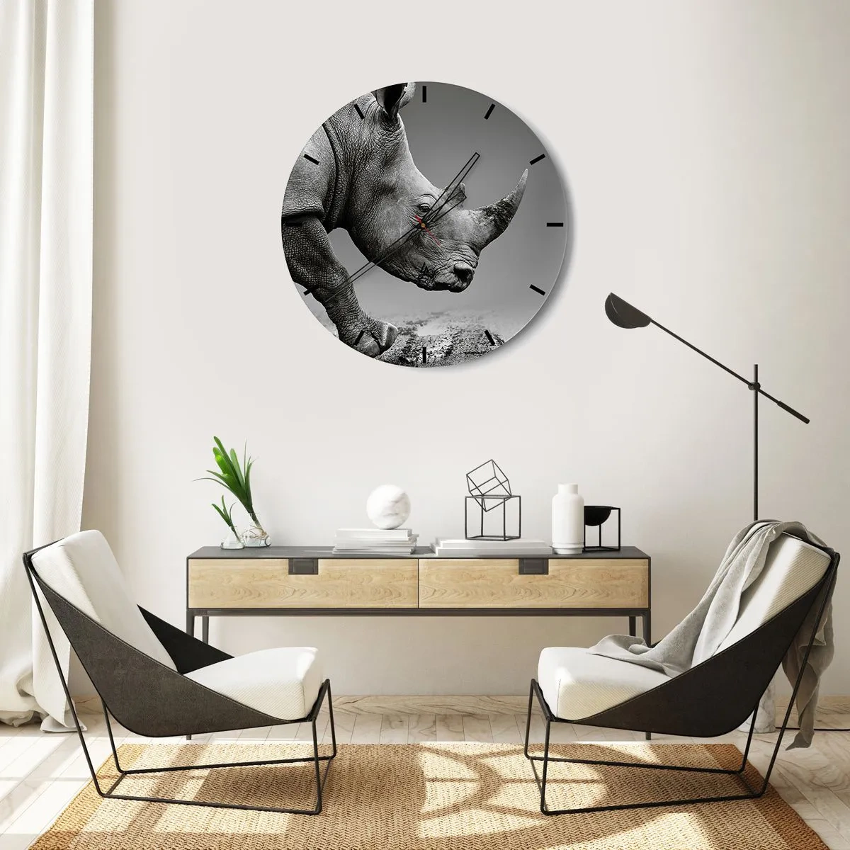 Nástěnné hodiny - Nosorožec v černobílém stylu na neutrálním pozadí - 30x30cm - Nezastavitelná síla - Moderní nástěnná dekorace do obývacího pokoje, kuchyně a ložnice ARTTOR