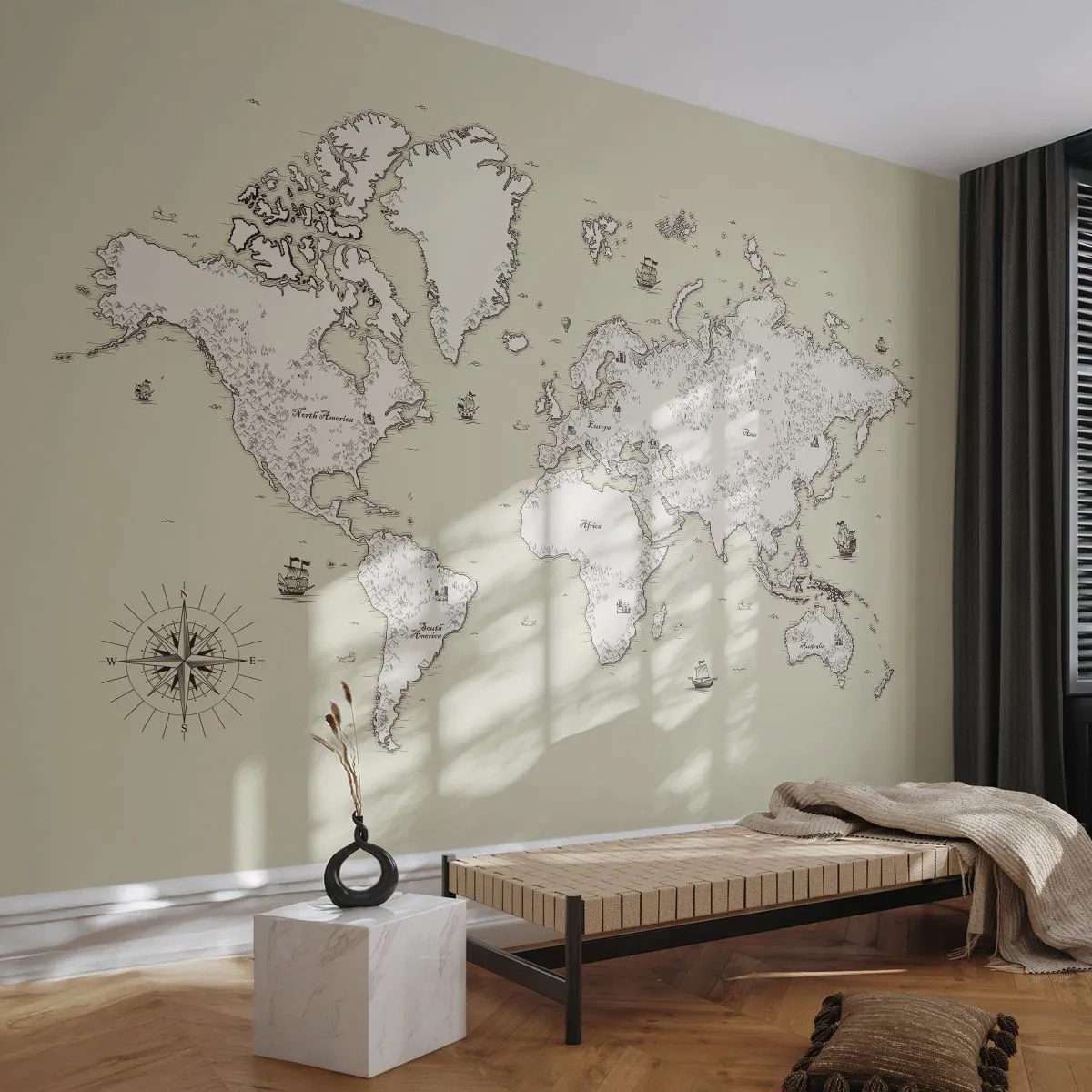 Fototapeta Premium Canvas - Cesta kolem světa - Mapa světa, Kontinenty, Pirátská loď - 250x175 cm