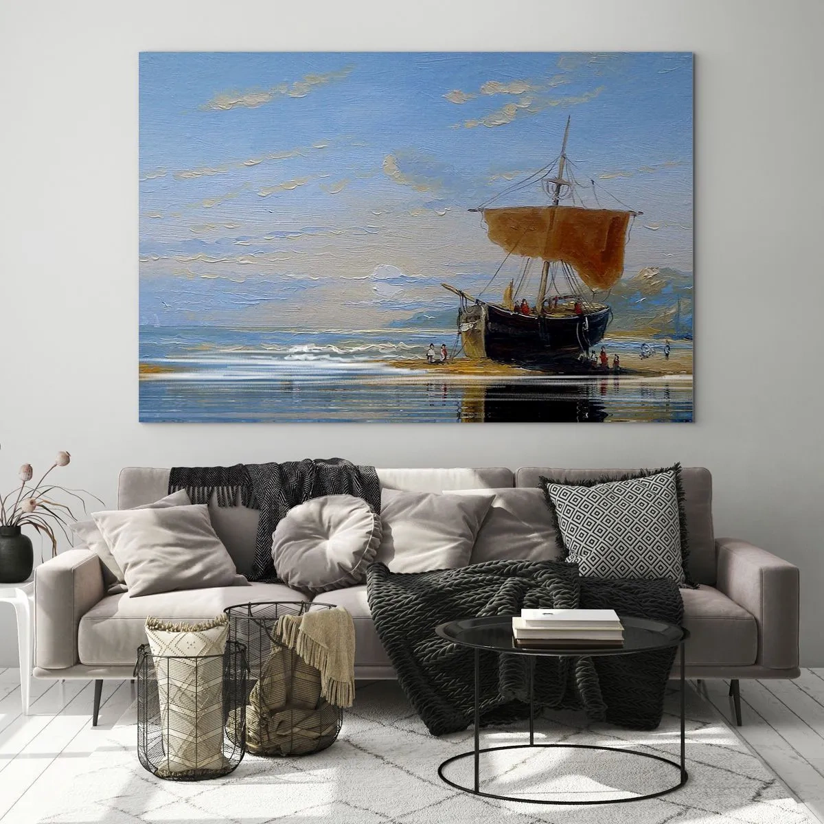 Obraz na skle - Loď s plachtou u břehu v malířském stylu - 70x50cm - Voda, země, vzduch - Moderní nástěnná dekorace do obývacího pokoje a ložnice ARTTOR