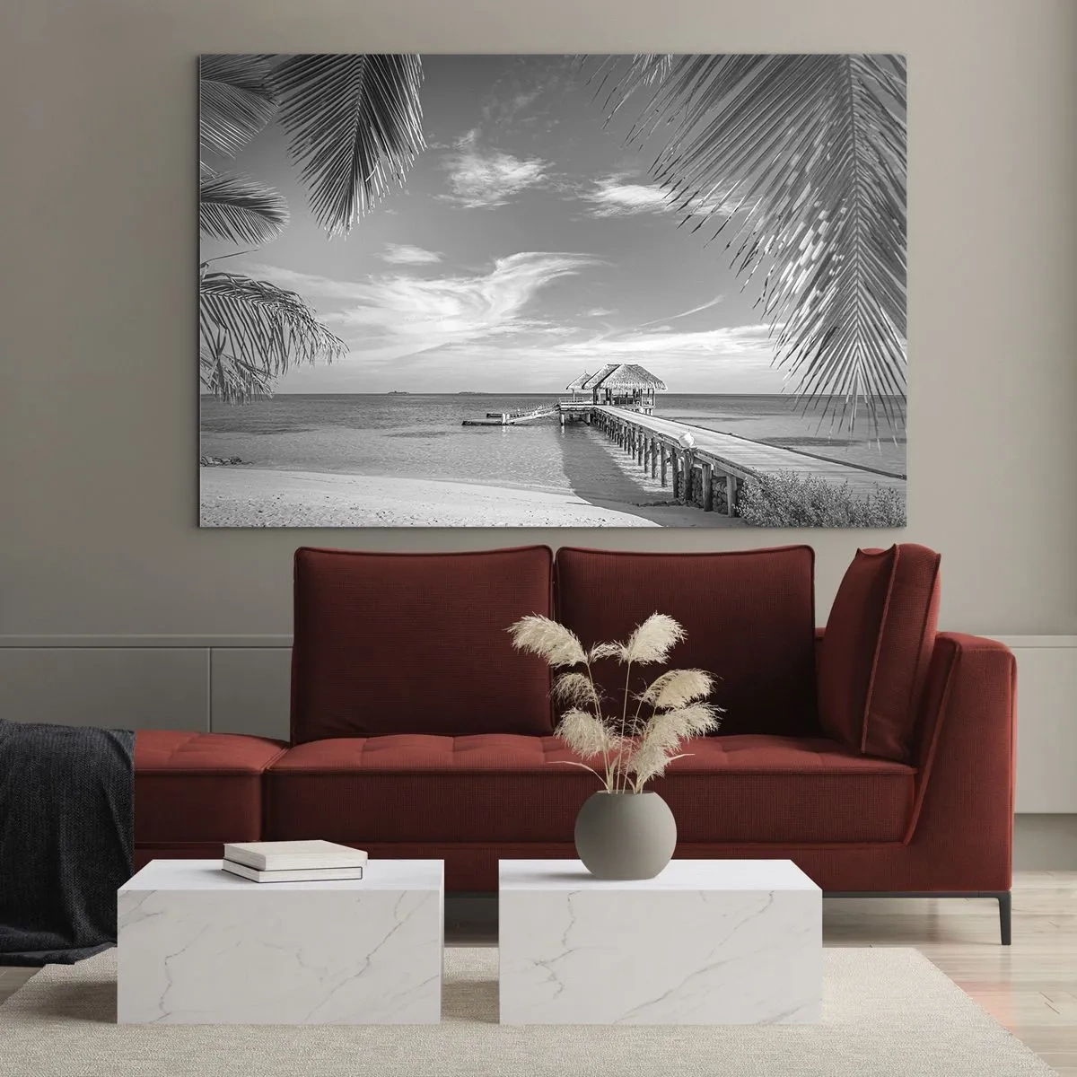 Obraz na skle - Černobílý snímek tropické pláže s molem - 70x50cm - Vzpomínka nebo sen? - Moderní nástěnná dekorace do obývacího pokoje a ložnice ARTTOR