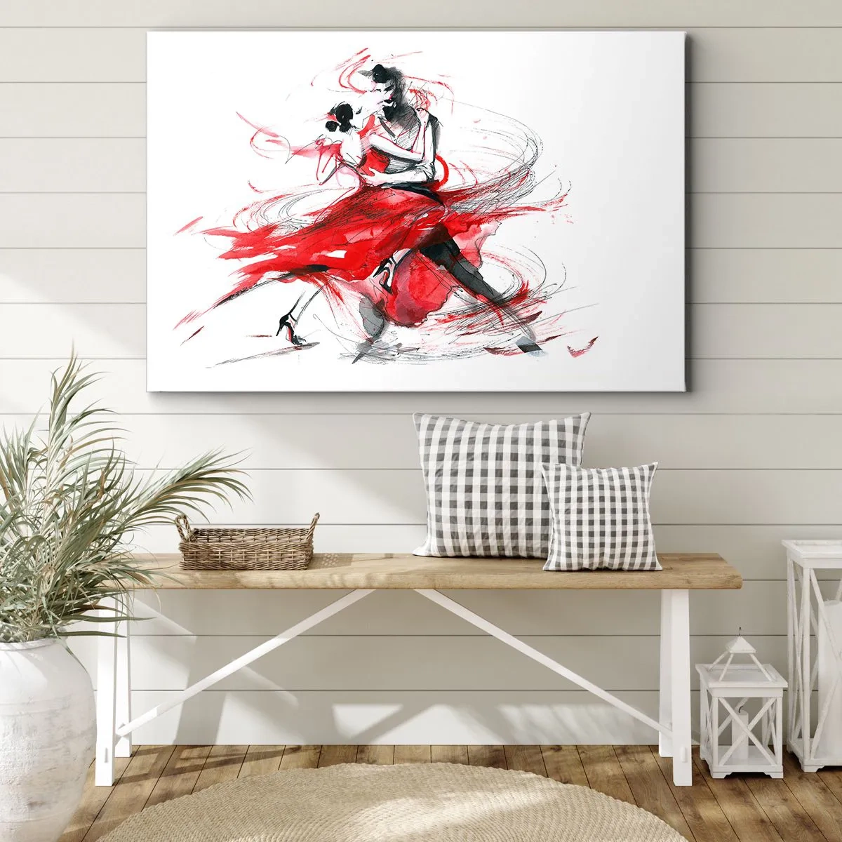Obraz na plátně - Tanečníci v dynamickém tanci s červenými akcenty - 70x50cm - Tango - rytmus náruživostí - Moderní nástěnná dekorace do obývacího pokoje a ložnice ARTTOR