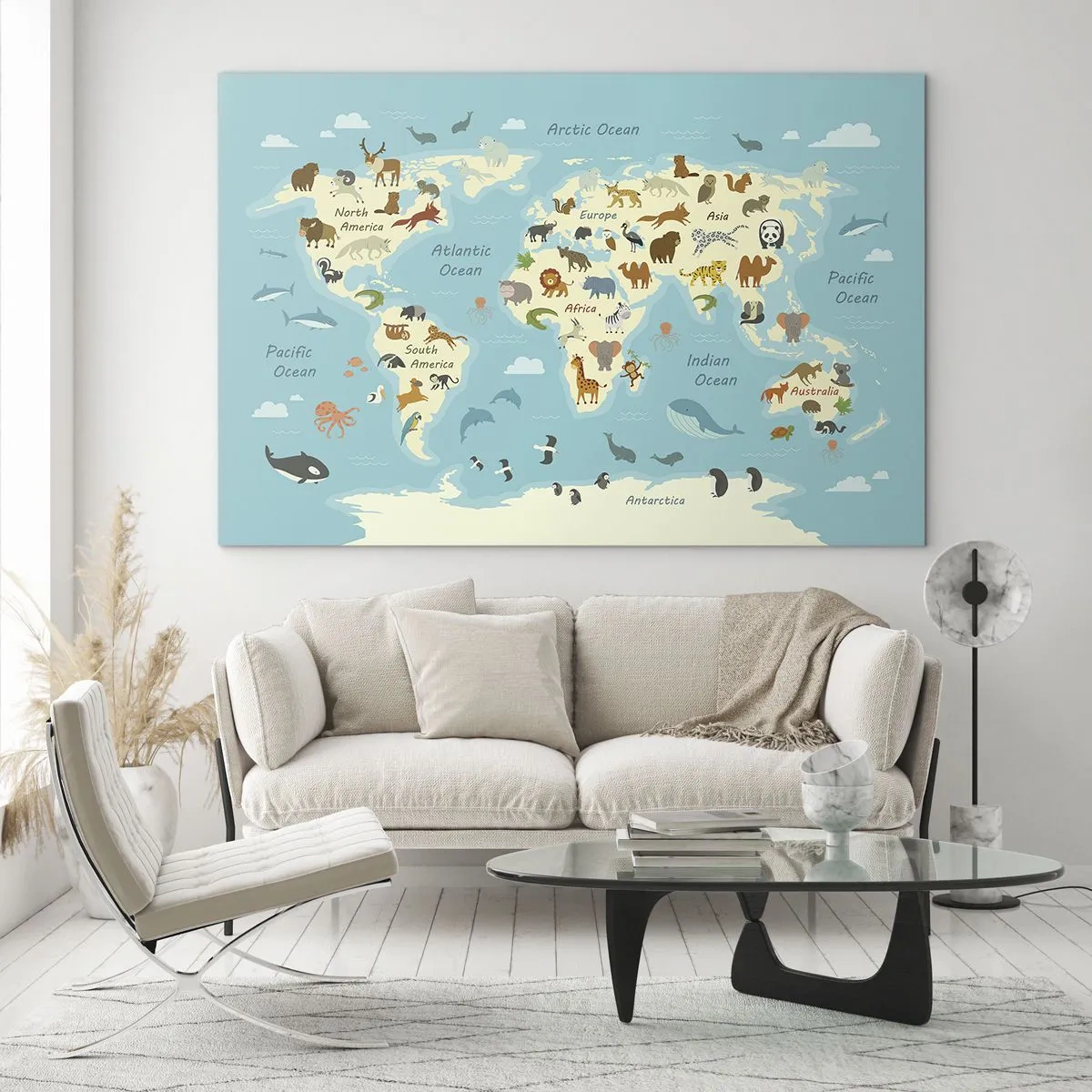 Obraz na skle - Barevná mapa světa s ilustracemi zvířat z různých kontinentů. - 70x50cm - Dobří sousedé - Moderní nástěnná dekorace do obývacího pokoje a ložnice ARTTOR