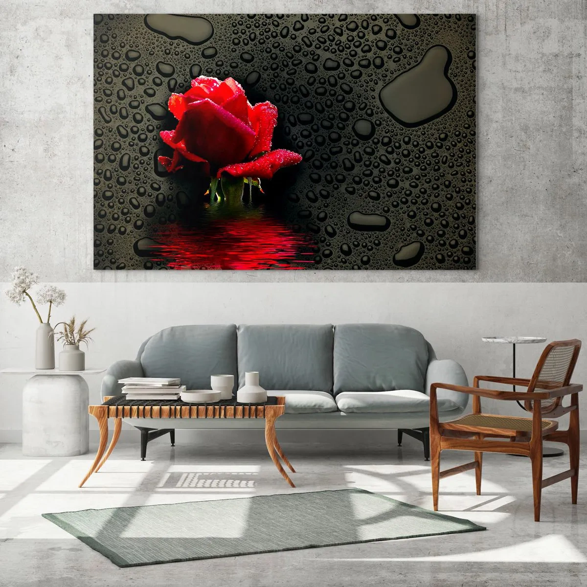 Obraz na skle - Červená růže s kapkami vody na tmavém pozadí - 70x50cm - Červené a černé - Moderní nástěnná dekorace do obývacího pokoje a ložnice ARTTOR