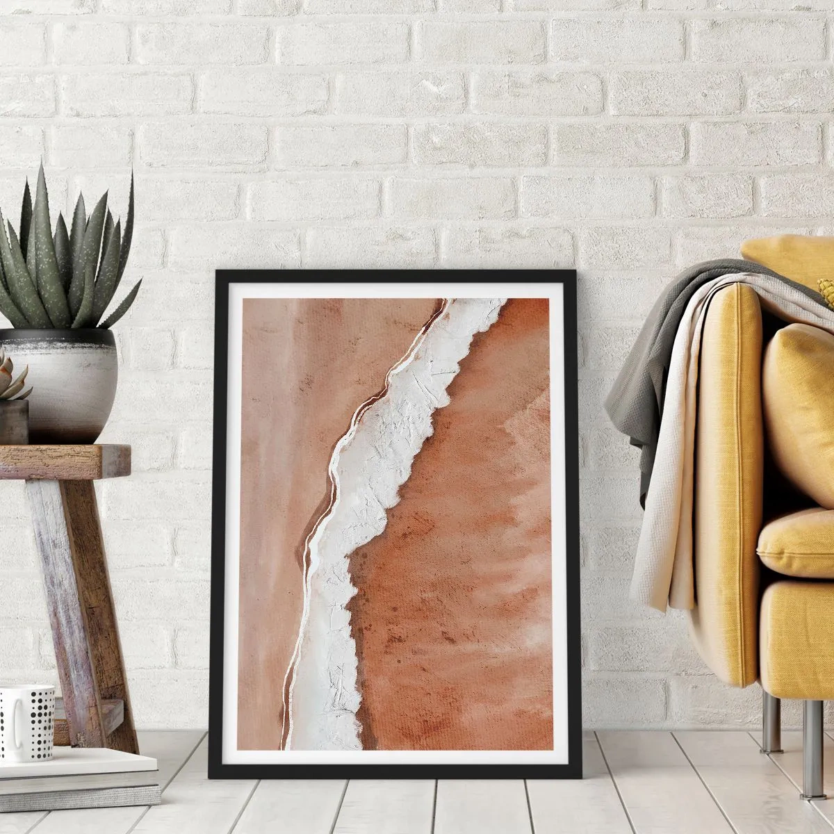 Plakát v černém rámu - Abstraktní textura v odstínech hnědé a bílé - 50x70cm - V zemitých barvách - Moderní nástěnná dekorace do obývacího pokoje a ložnice ARTTOR