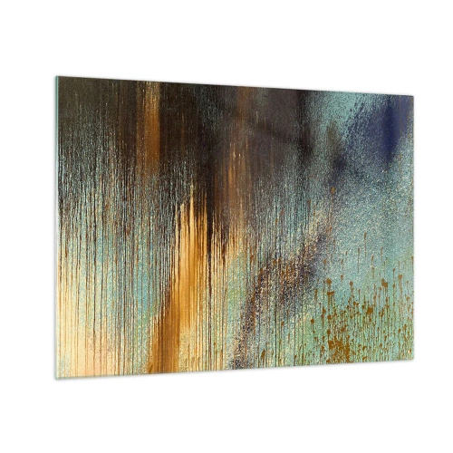 Obraz na skle - Abstraktní čáry a skvrny ve zlaté, modré a černé barvě - 70x50cm - Nenáhodná barevná kompozice - Moderní nástěnná dekorace do obývacího pokoje a ložnice ARTTOR
