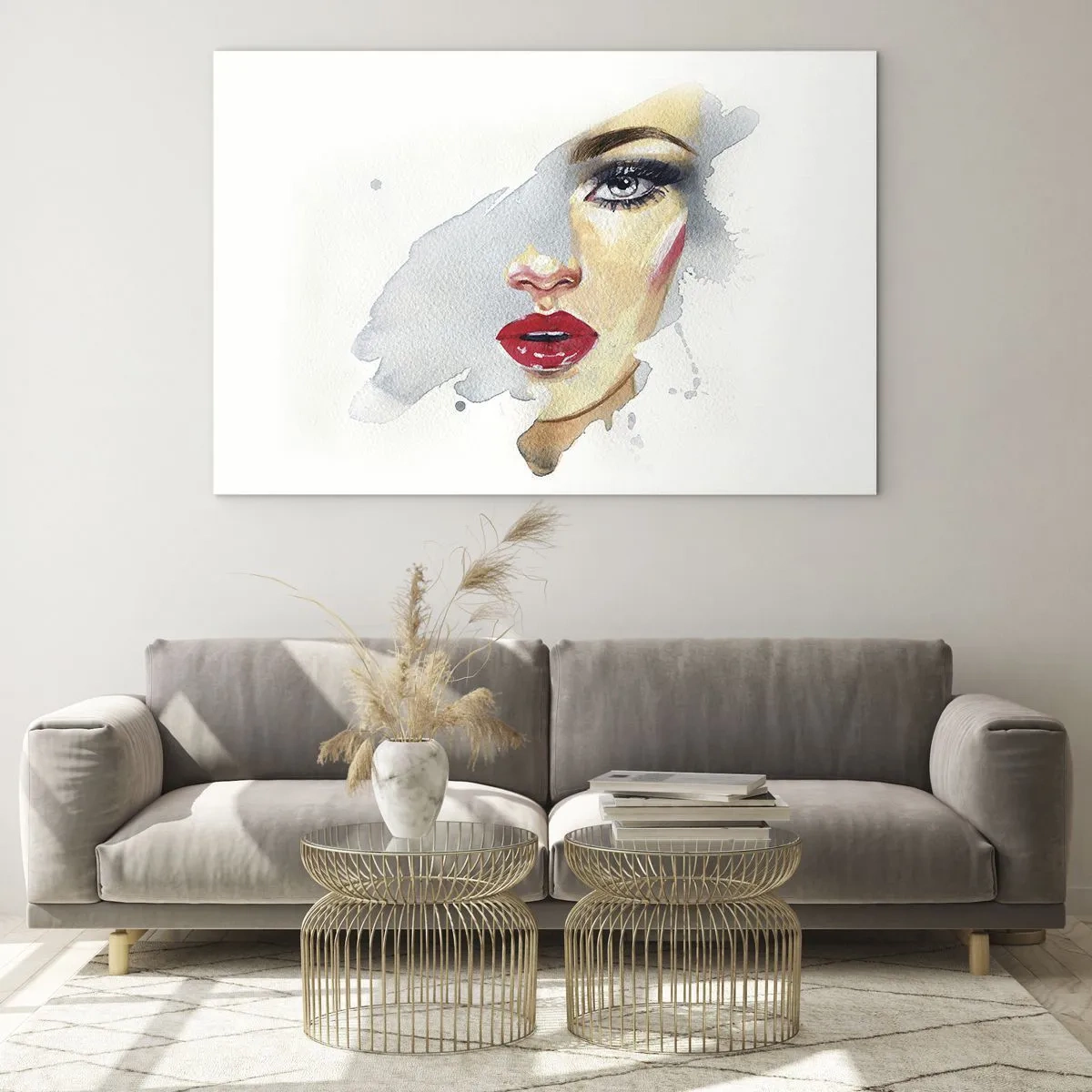 Obraz na skle - Akvarelový portrét ženy s červenými rty - 70x50cm - Odraz v kapce vody - Moderní nástěnná dekorace do obývacího pokoje a ložnice ARTTOR