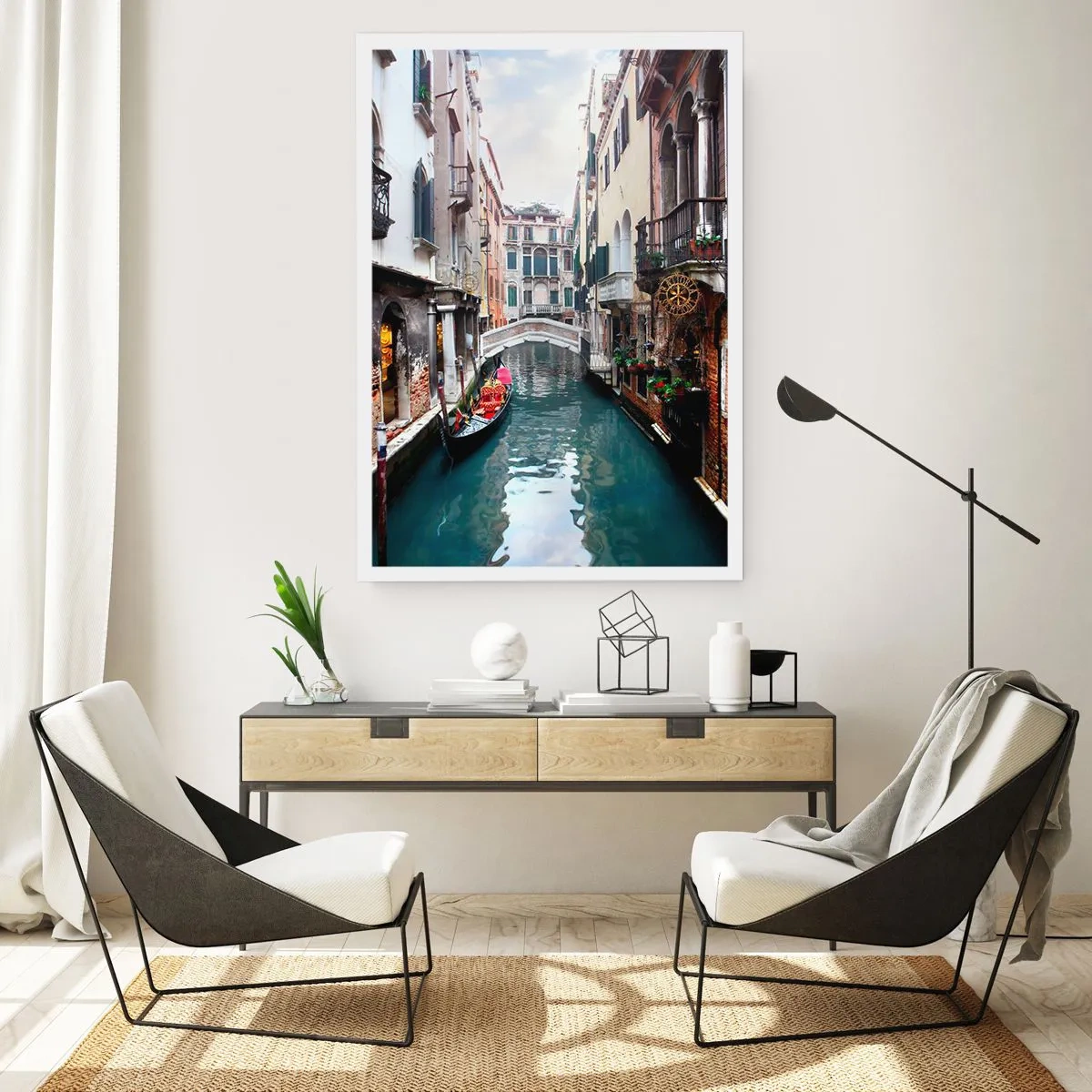 Plakát - Benátská krajina s gondolou a můstkem - 50x70 cm