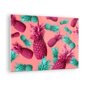 Obraz na skle - Barevné ananasy v odstínech růžové a zelené na růžovém pozadí - 70x50cm - Svoboda je sladká - Moderní nástěnná dekorace do obývacího pokoje a ložnice ARTTOR