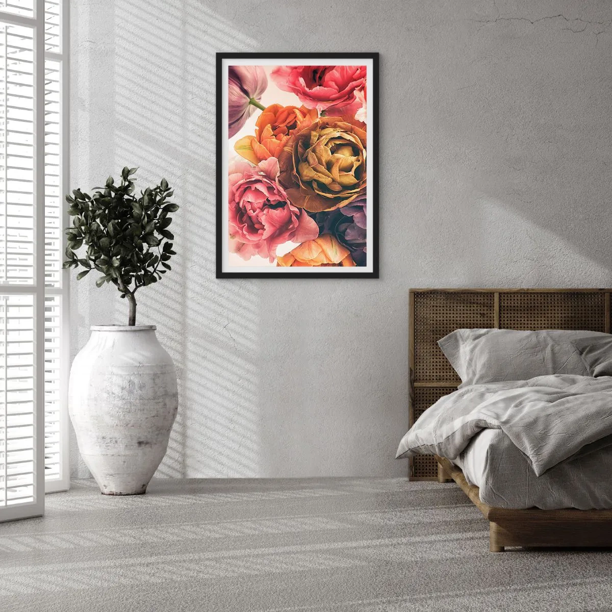 Plakát v černém rámu - Barevné květy pivoňky v uměleckém přístupu - 50x70cm - Oslava života - Moderní nástěnná dekorace do obývacího pokoje a ložnice ARTTOR