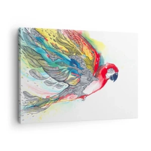 Obraz na plátně - Barevný papoušek za letu s abstraktními vzory na křídlech. - 70x50cm - Žij barevně - Moderní nástěnná dekorace do obývacího pokoje a ložnice ARTTOR