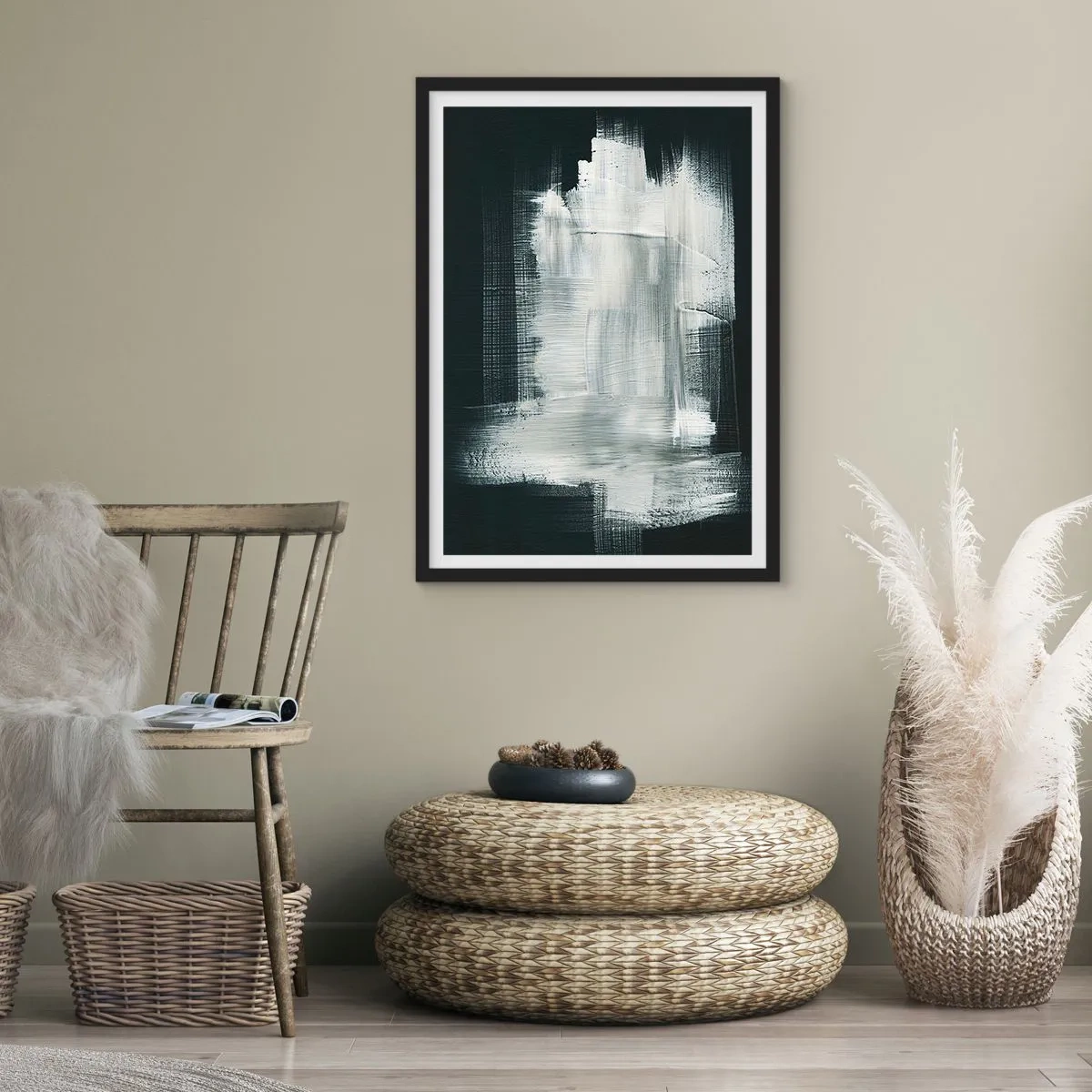 Plakát v černém rámu - Abstraktní kompozice v bílé barvě na tmavém pozadí - 50x70cm - Utkané svisle a vodorovně - Moderní nástěnná dekorace do obývacího pokoje a ložnice ARTTOR