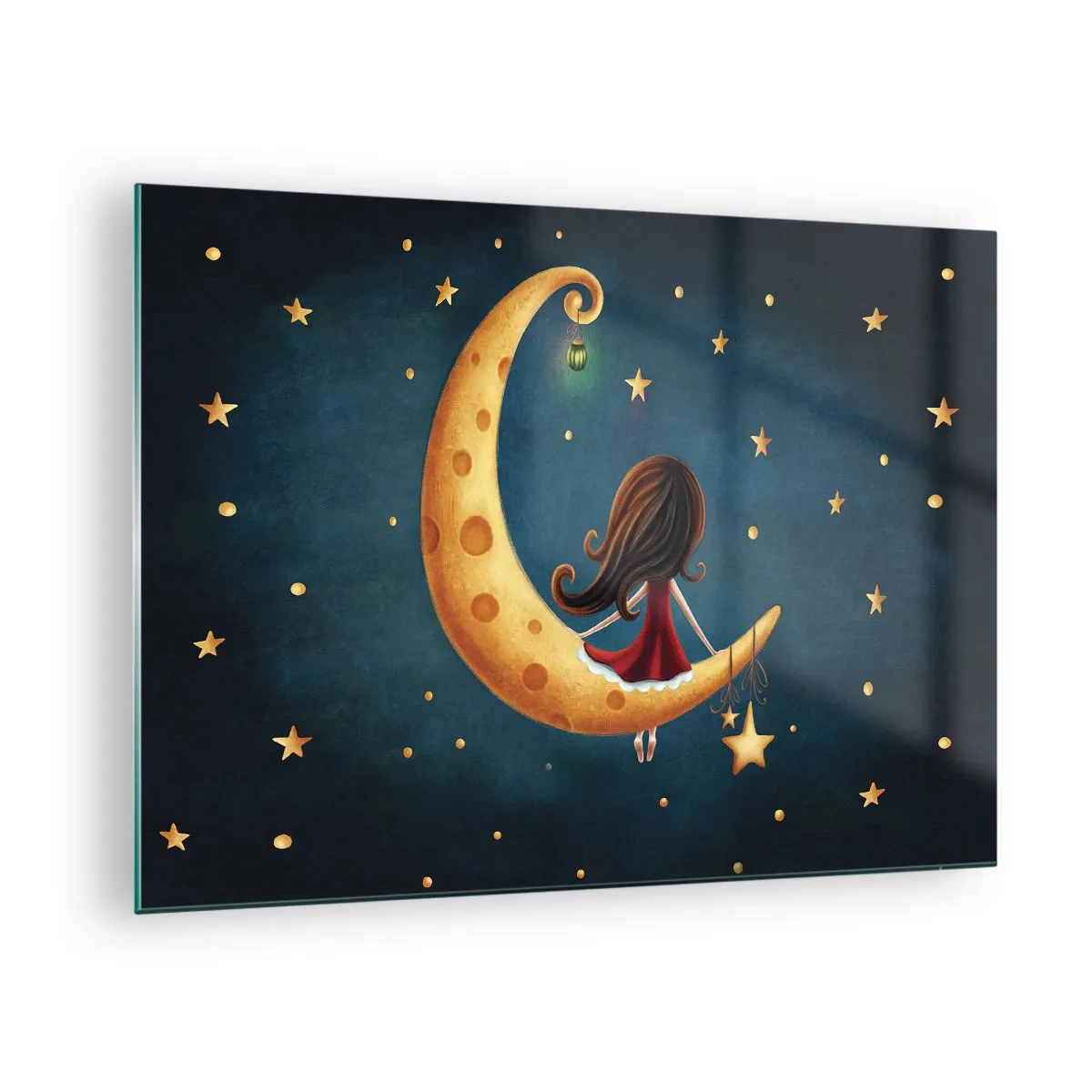 Obraz na skle - Dívka na Měsíci mezi hvězdami na tmavě modrém pozadí - 70x50cm - Kdysi dávno… - Moderní nástěnná dekorace do obývacího pokoje a ložnice ARTTOR