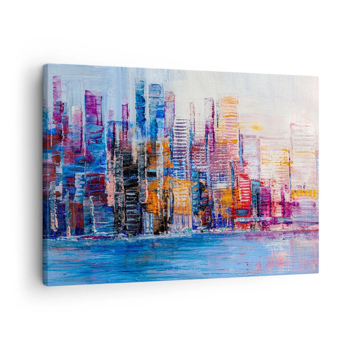 Obraz na plátně - Barevné panorama města s odrazy na vodě - 70x50cm - Radostná metropole - Moderní nástěnná dekorace do obývacího pokoje a ložnice ARTTOR
