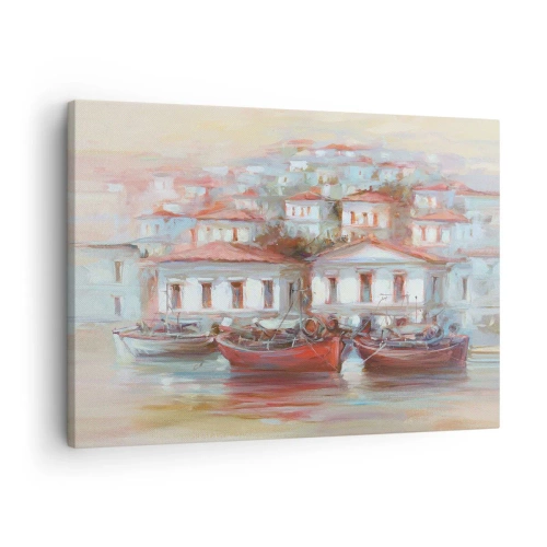 Obraz na plátně - Barevné lodě a malebné budovy u vody v pastelových odstínech - 70x50cm - Šťastné městečko - Moderní nástěnná dekorace do obývacího pokoje a ložnice ARTTOR