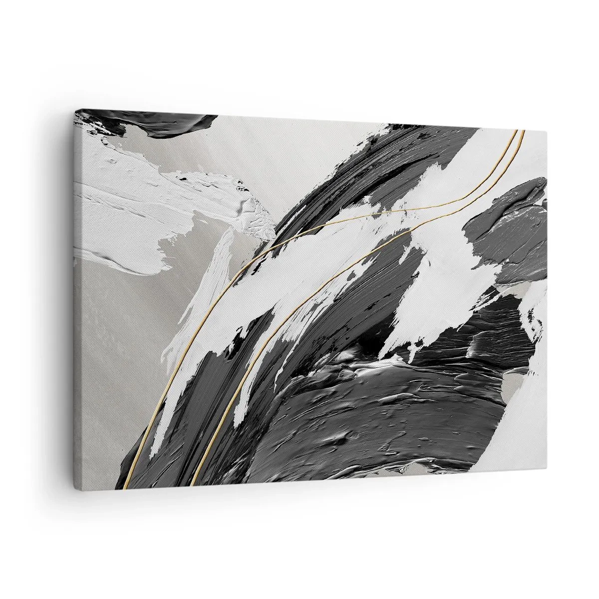Obraz na plátně - Černobílé tahy barvy s jemným zlatým akcentem - 70x50cm - Velkorysá abstrakce - Moderní nástěnná dekorace do obývacího pokoje a ložnice ARTTOR