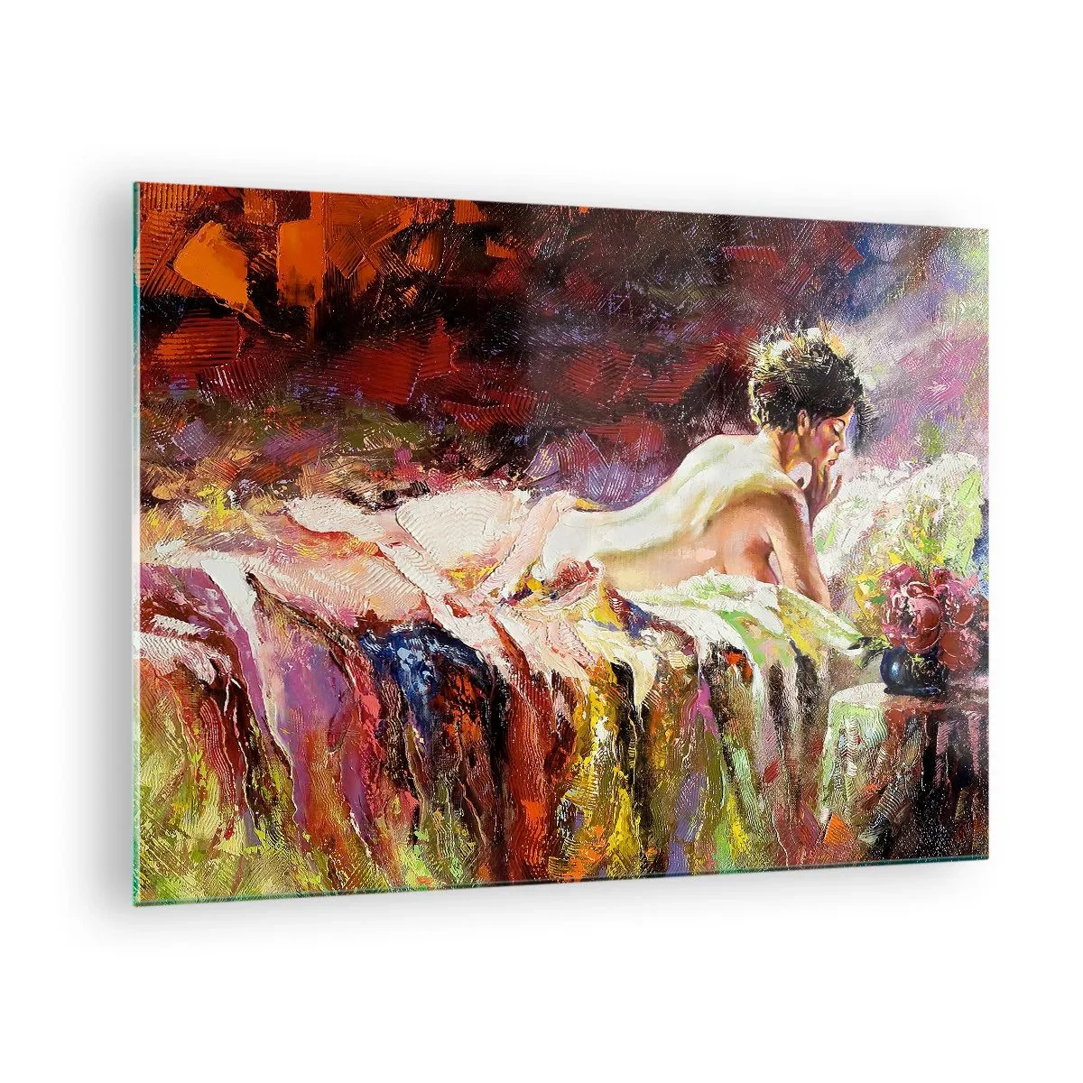 Obraz na skle - Impresionistický ženský akt na barevné látce - 70x50cm - Zamyšlená Venuše - Moderní nástěnná dekorace do obývacího pokoje a ložnice ARTTOR