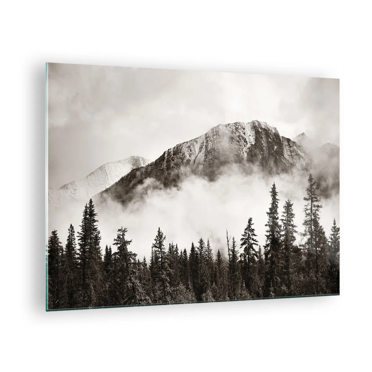 Obraz na skle - Horská krajina s lesem a mlhou v sépiových tónech - 70x50cm - Žulový panovník - Moderní nástěnná dekorace do obývacího pokoje a ložnice ARTTOR