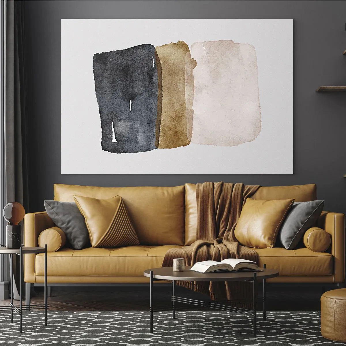 Obraz na skle - Abstraktní skvrny v odstínech černé, hnědé a béžové - 70x50cm - Kompozice zemitých barev - Moderní nástěnná dekorace do obývacího pokoje a ložnice ARTTOR