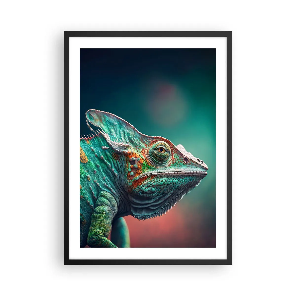 Plakát v černém rámu - Barevný chameleon na výrazném pozadí - 50x70cm - Vidíš mě? To není dobré… - Moderní nástěnná dekorace do obývacího pokoje a ložnice ARTTOR