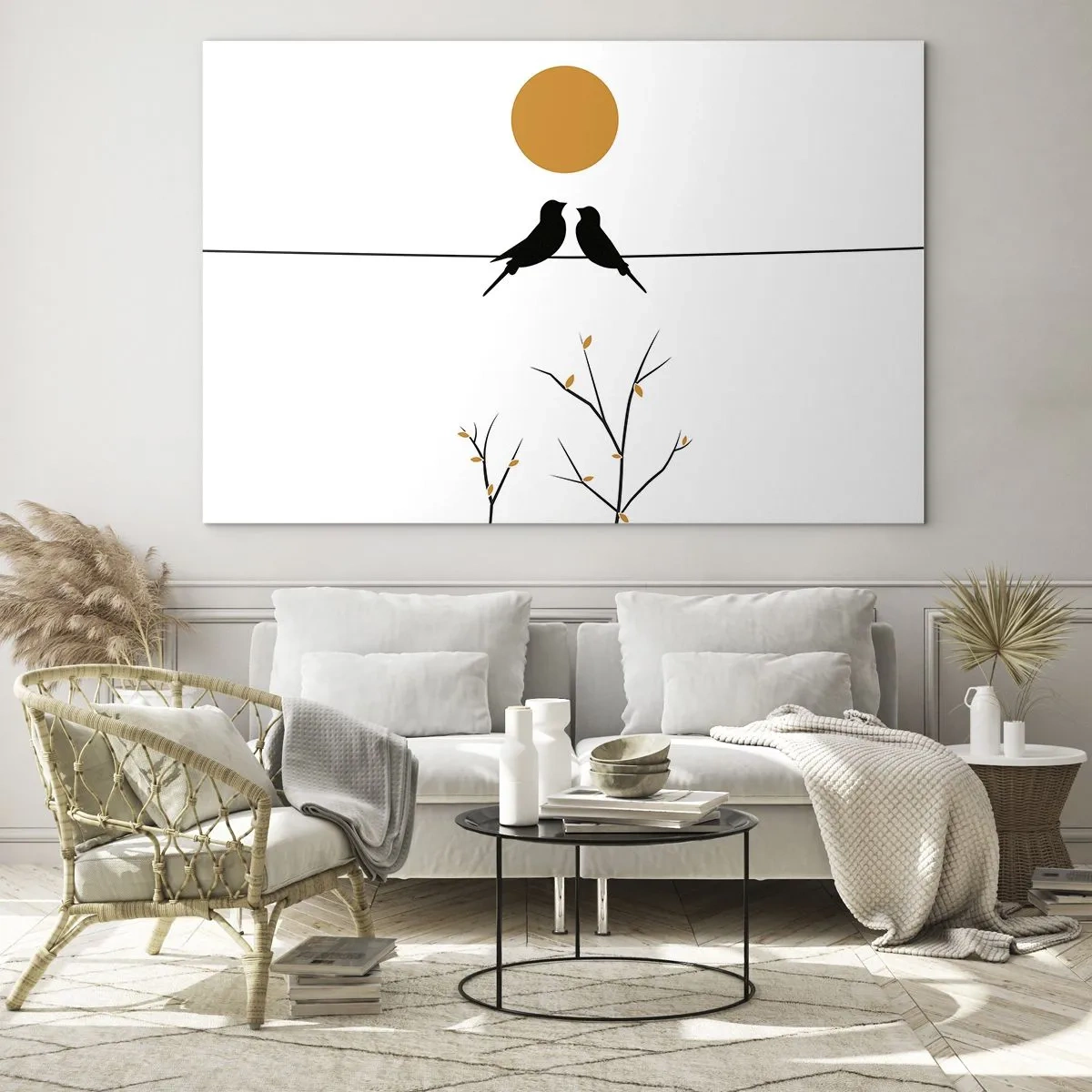 Obraz na skle - Ptáci na čáře pod oranžovým sluncem - 70x50cm - Slavíčí večer - Moderní nástěnná dekorace do obývacího pokoje a ložnice ARTTOR