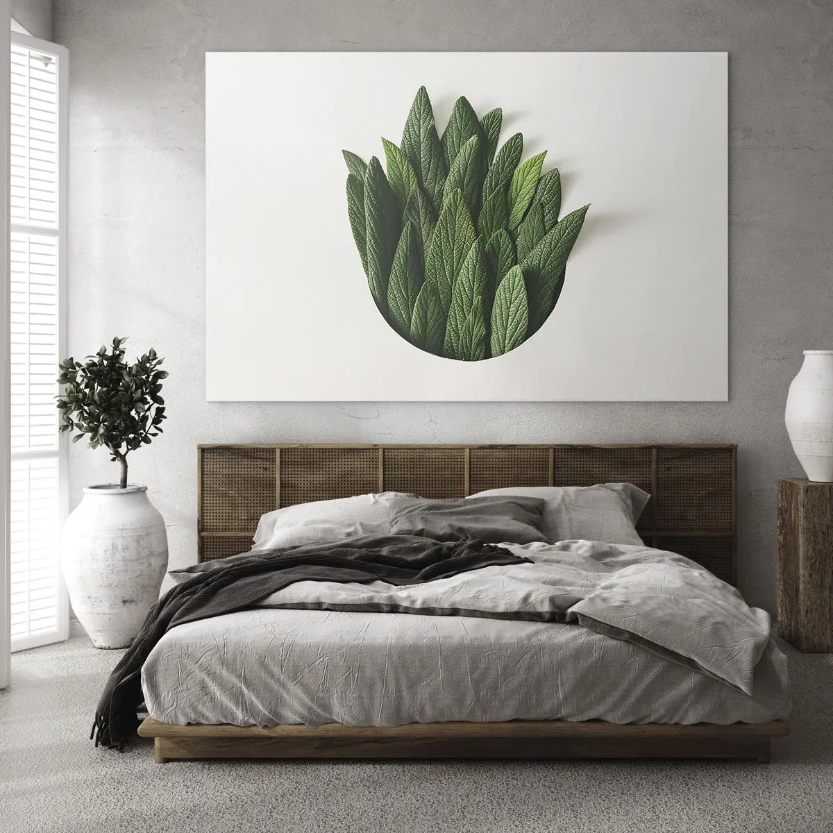 Obraz na skle - Zelené listy uspořádané ve tvaru vázy na bílém pozadí - 70x50cm - Neukojitelná zvědavost - Moderní nástěnná dekorace do obývacího pokoje a ložnice ARTTOR