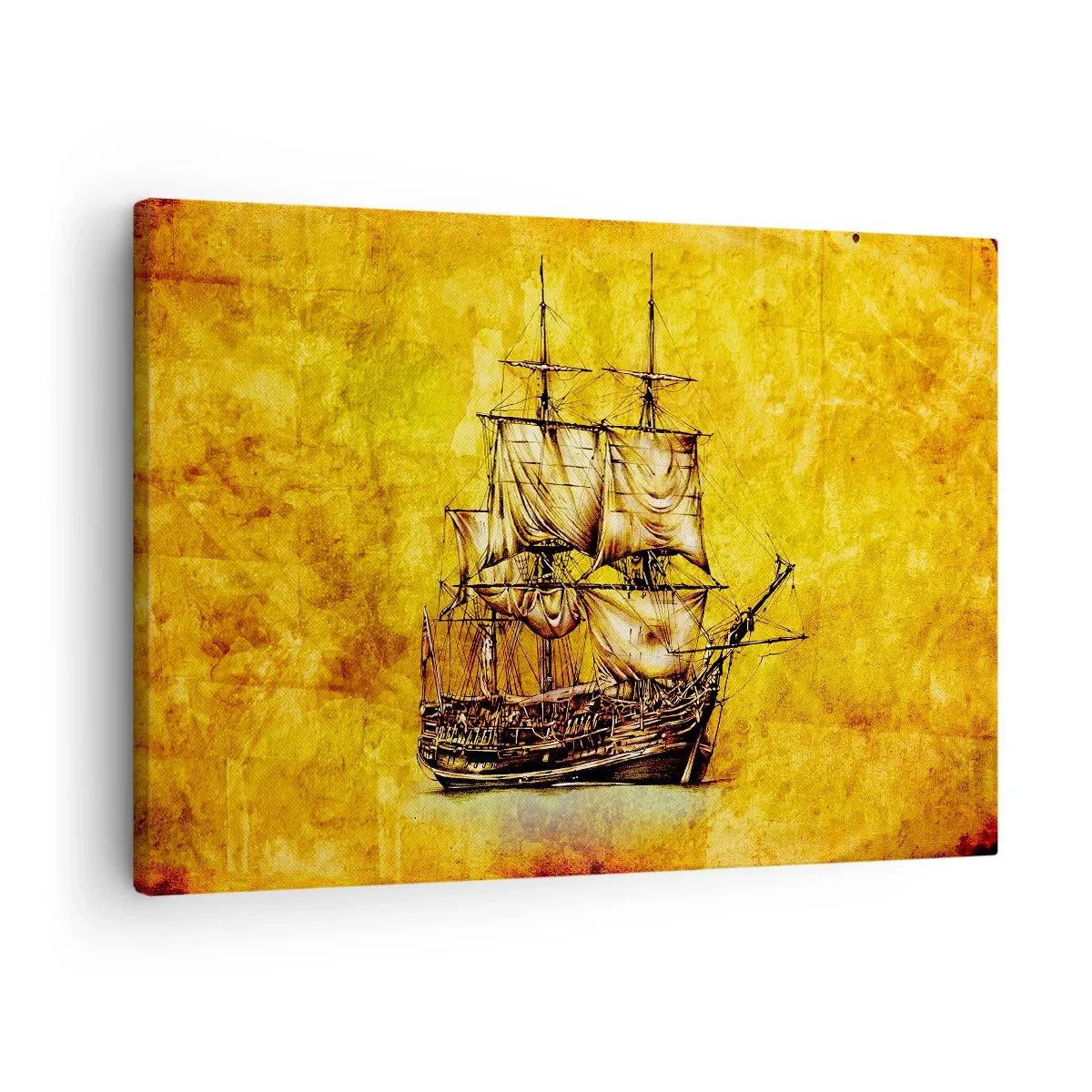 Obraz na plátně - Stylizovaná kresba plachetnice na zlatém pozadí s vintage nádechem. - 70x50cm - Směr Tortuga! - Moderní nástěnná dekorace do obývacího pokoje a ložnice ARTTOR