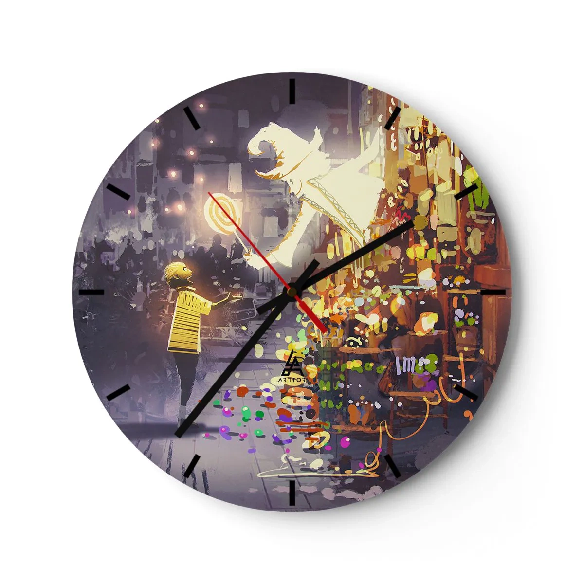 Nástěnné hodiny - Fantastický obraz s kouzelníkem a dítětem obklopeným barevnými světly. - 30x30cm - Kouzla existují - Moderní nástěnná dekorace do obývacího pokoje, kuchyně a ložnice ARTTOR