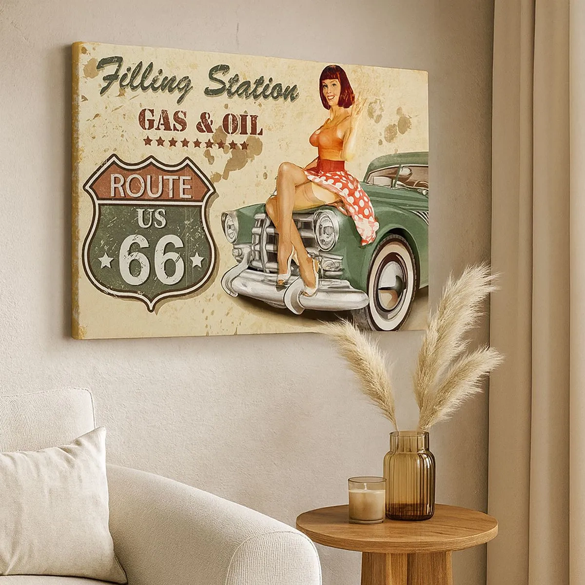 Obraz na plátně - Retro plakát Route 66 s pin-up girl a autem - 70x50cm - Skvělá 40. léta - Moderní nástěnná dekorace do obývacího pokoje a ložnice ARTTOR