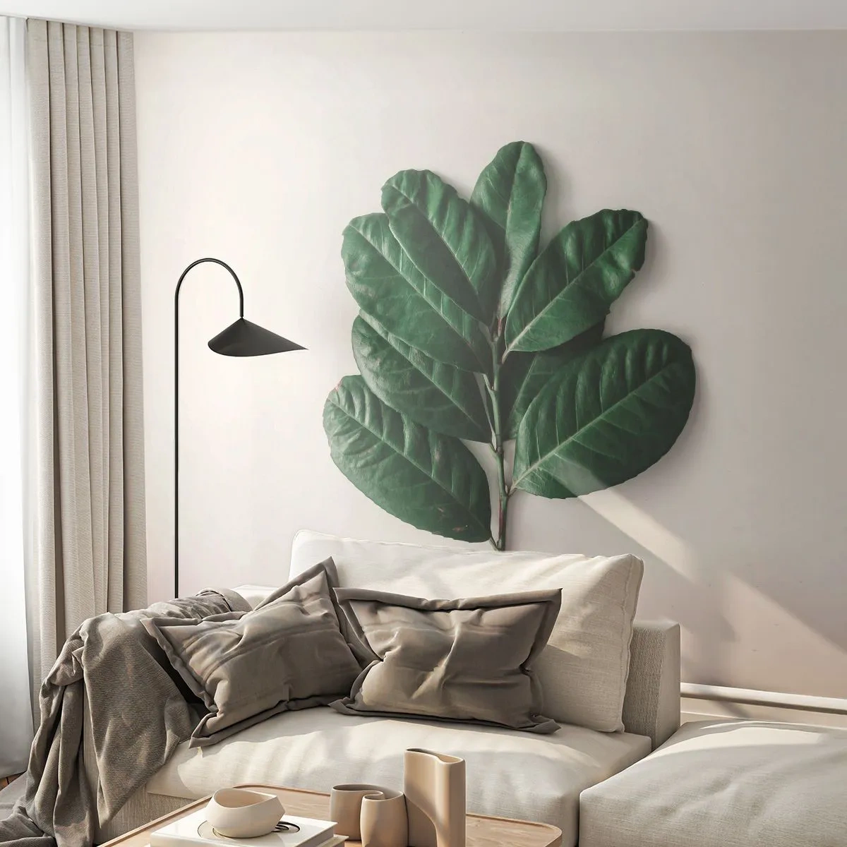 Fototapeta Standard Eco - Zelená větev s velkými listy na světlém pozadí - 100x70cm - Kresba samotné přírody - Moderní nástěnná dekorace do obývacího pokoje a ložnice ARTTOR