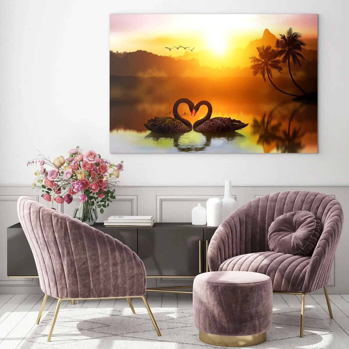 Obraz na skle - Černé labutě na jezeře při západu slunce - 70x50cm - Všechno do páru - Moderní nástěnná dekorace do obývacího pokoje a ložnice ARTTOR