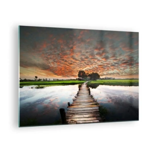 Obraz na skle - Dřevěný most přes řeku při západu slunce - 70x50cm - Roztáhněte ruce - dýchejte  - Moderní nástěnná dekorace do obývacího pokoje a ložnice ARTTOR