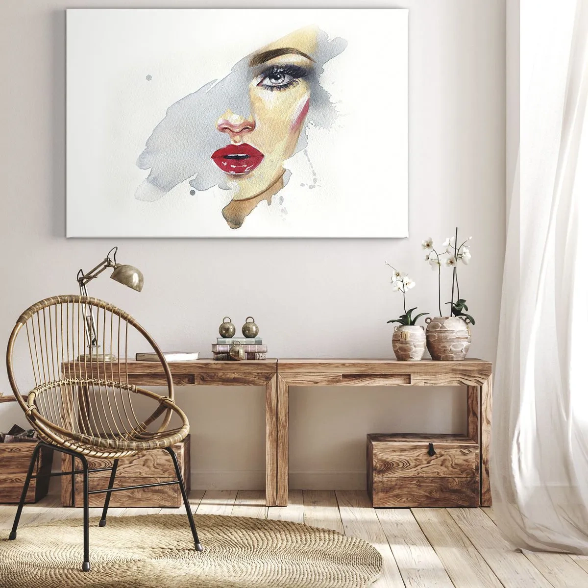 Obraz na plátně - Akvarelový portrét ženy s intenzivním pohledem. - 70x50cm - Odraz v kapce vody - Moderní nástěnná dekorace do obývacího pokoje a ložnice ARTTOR