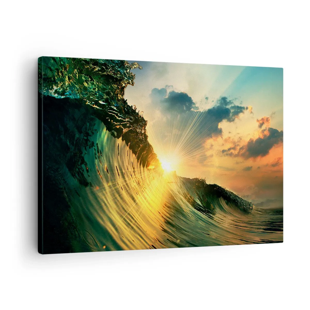 Obraz na plátně - Vlna se zapadajícím sluncem a osvětlenými mraky - 70x50cm - Surfaři, kde jsi? - Moderní nástěnná dekorace do obývacího pokoje a ložnice ARTTOR