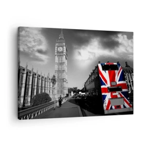Obraz na plátně - Big Ben a autobus s britskou vlajkou na černobílém pozadí - 70x50cm - Hrdá a velká - Moderní nástěnná dekorace do obývacího pokoje a ložnice ARTTOR