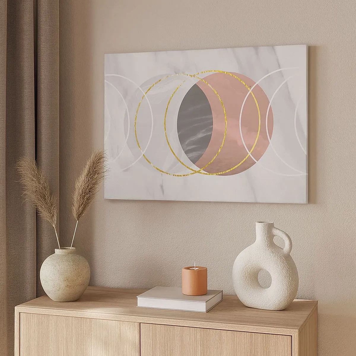 Obraz na plátně - Abstraktní geometrická kompozice s kruhy a kovovými detaily - 70x50cm - Hudba sfér - Moderní nástěnná dekorace do obývacího pokoje a ložnice ARTTOR