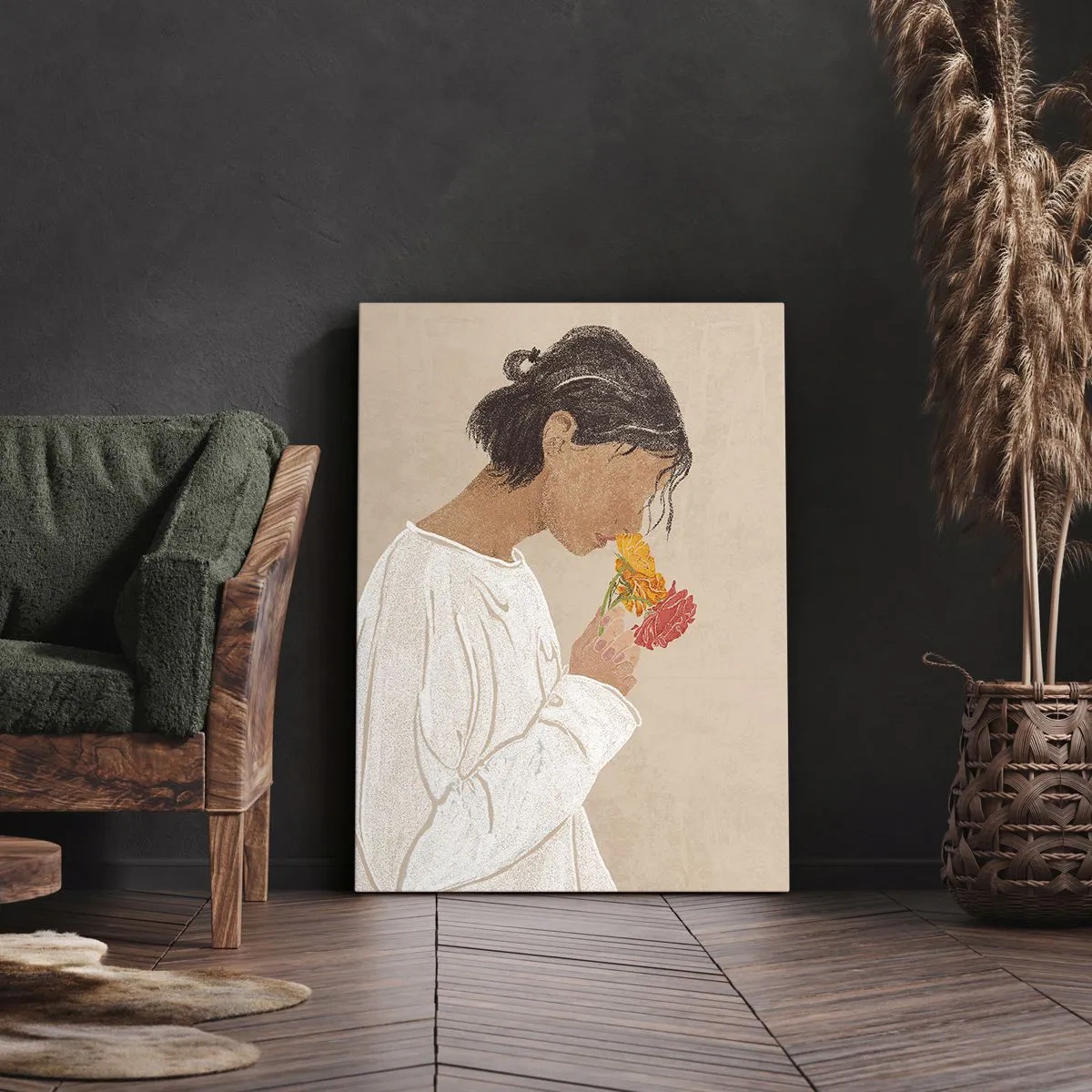 Obraz na plátně - Dívka a květiny - 70x100 cm