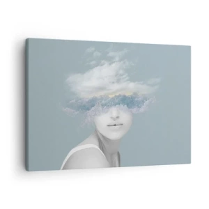 Obraz na plátně - Portrét ženy s tváří skrytou za mraky a vlnami - 70x50cm - S hlavou v oblacích - Moderní nástěnná dekorace do obývacího pokoje a ložnice ARTTOR