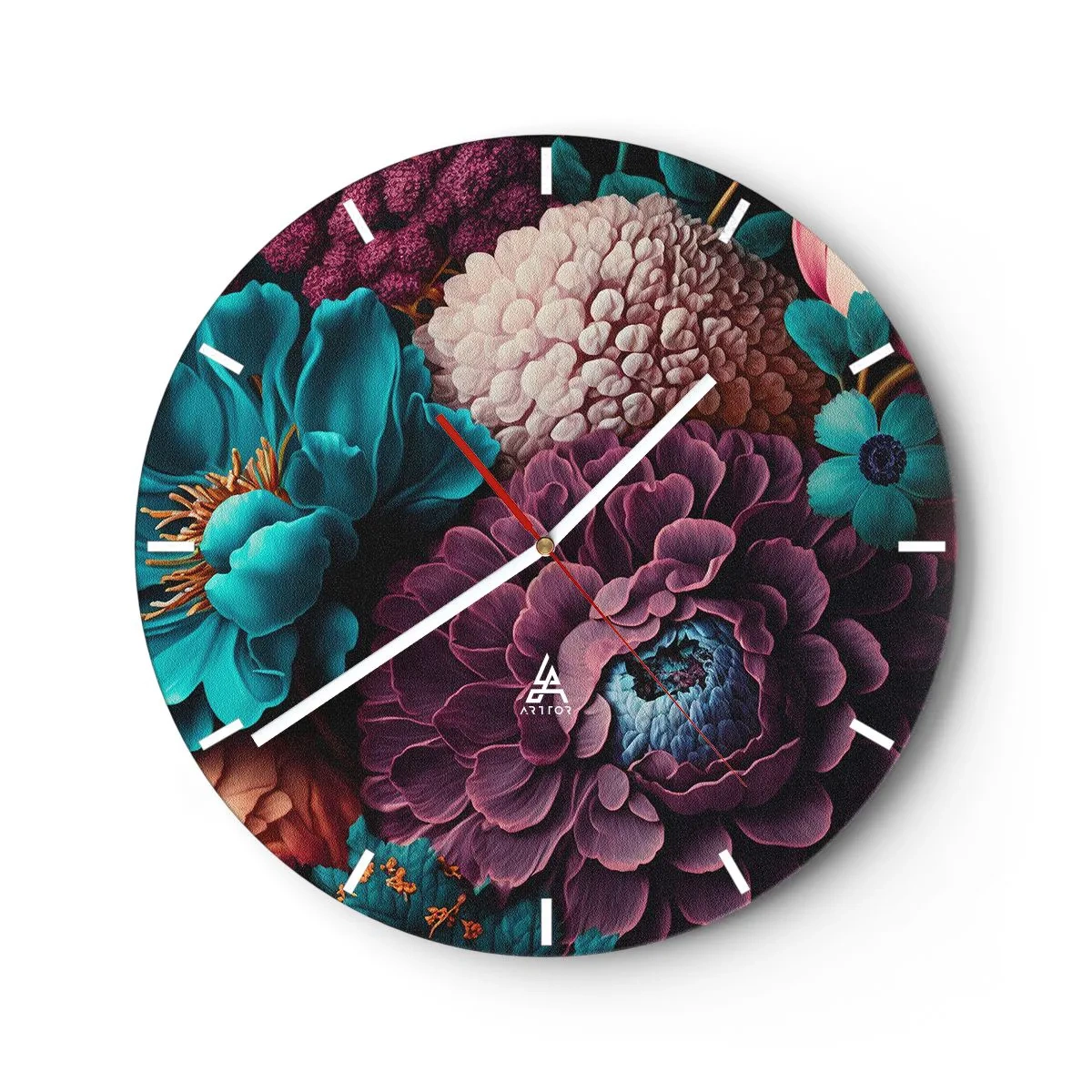Nástěnné hodiny - Bohatá kytice tmavých a tyrkysových květin s detaily - 30x30cm - Úroda přírody - Moderní nástěnná dekorace do obývacího pokoje, kuchyně a ložnice ARTTOR