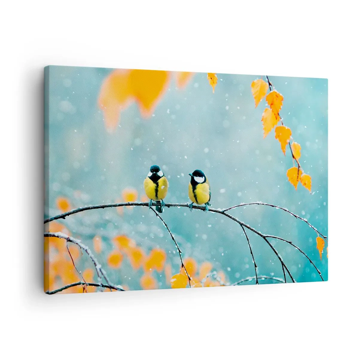 Obraz na plátně - Dva ptáci na větvi v zimním prostředí se žlutými listy. - 70x50cm - Ptačí drby - Moderní nástěnná dekorace do obývacího pokoje a ložnice ARTTOR